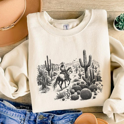 Vintage Cowboy in Desert Illustration, Retro Western Cowboy - 300 DPI