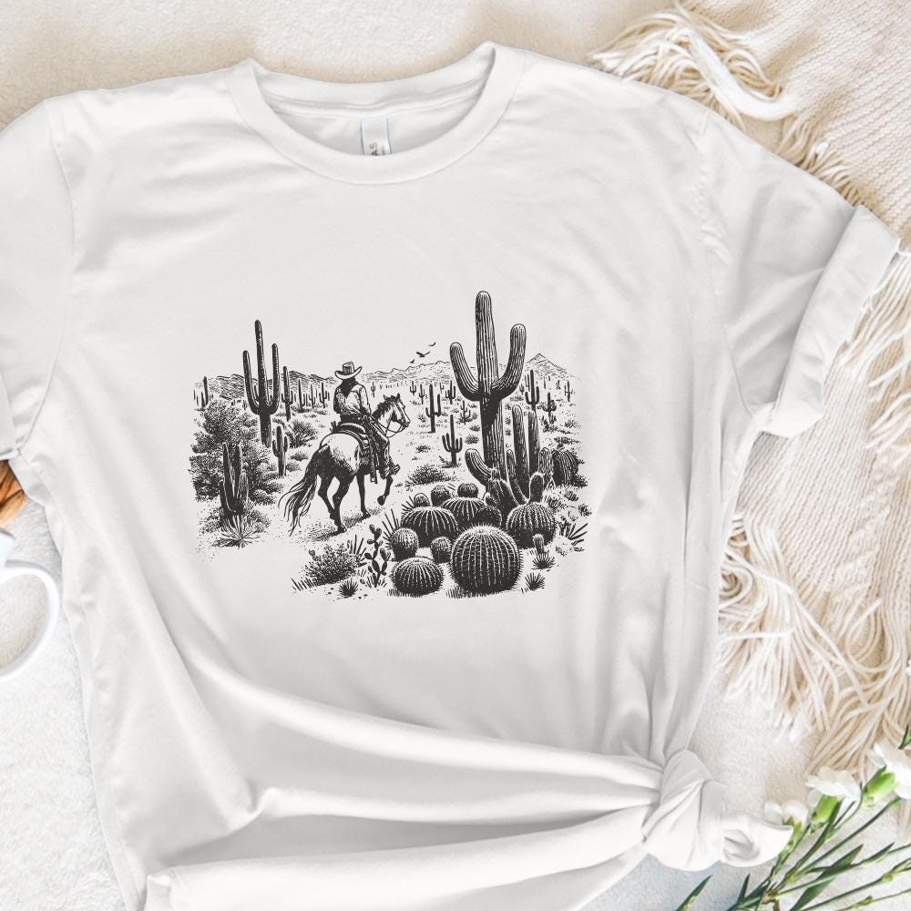 Vintage Cowboy in Desert Illustration, Retro Western Cowboy - 300 DPI