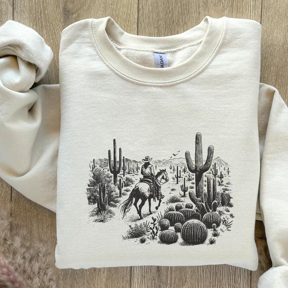 Vintage Cowboy in Desert Illustration, Retro Western Cowboy - 300 DPI