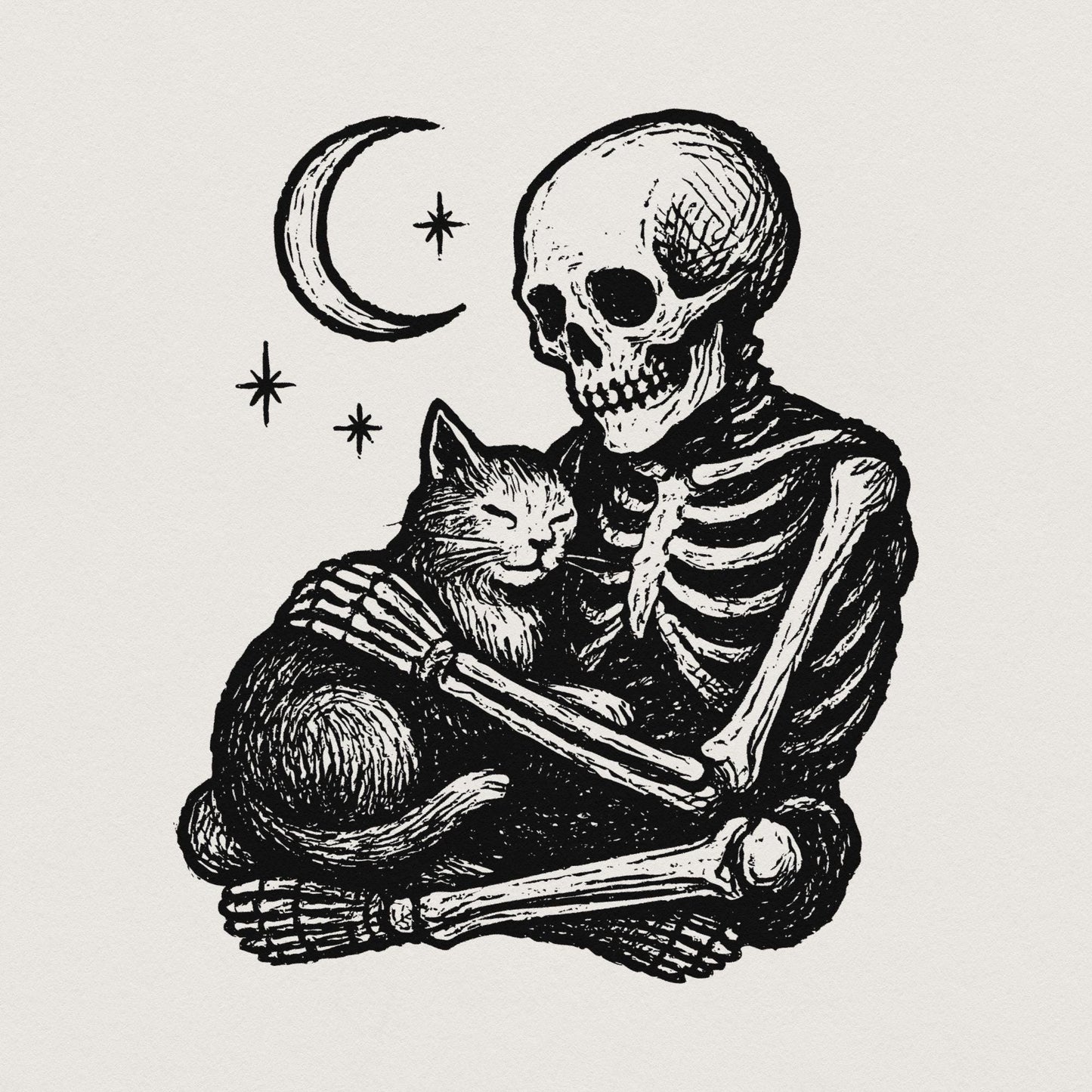 Gothic Skeleton Hugging Cat PNG, Celestial Night Pet Art - 300 DPI Design