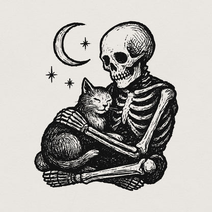Gothic Skeleton Hugging Cat PNG, Celestial Night Pet Art - 300 DPI Design