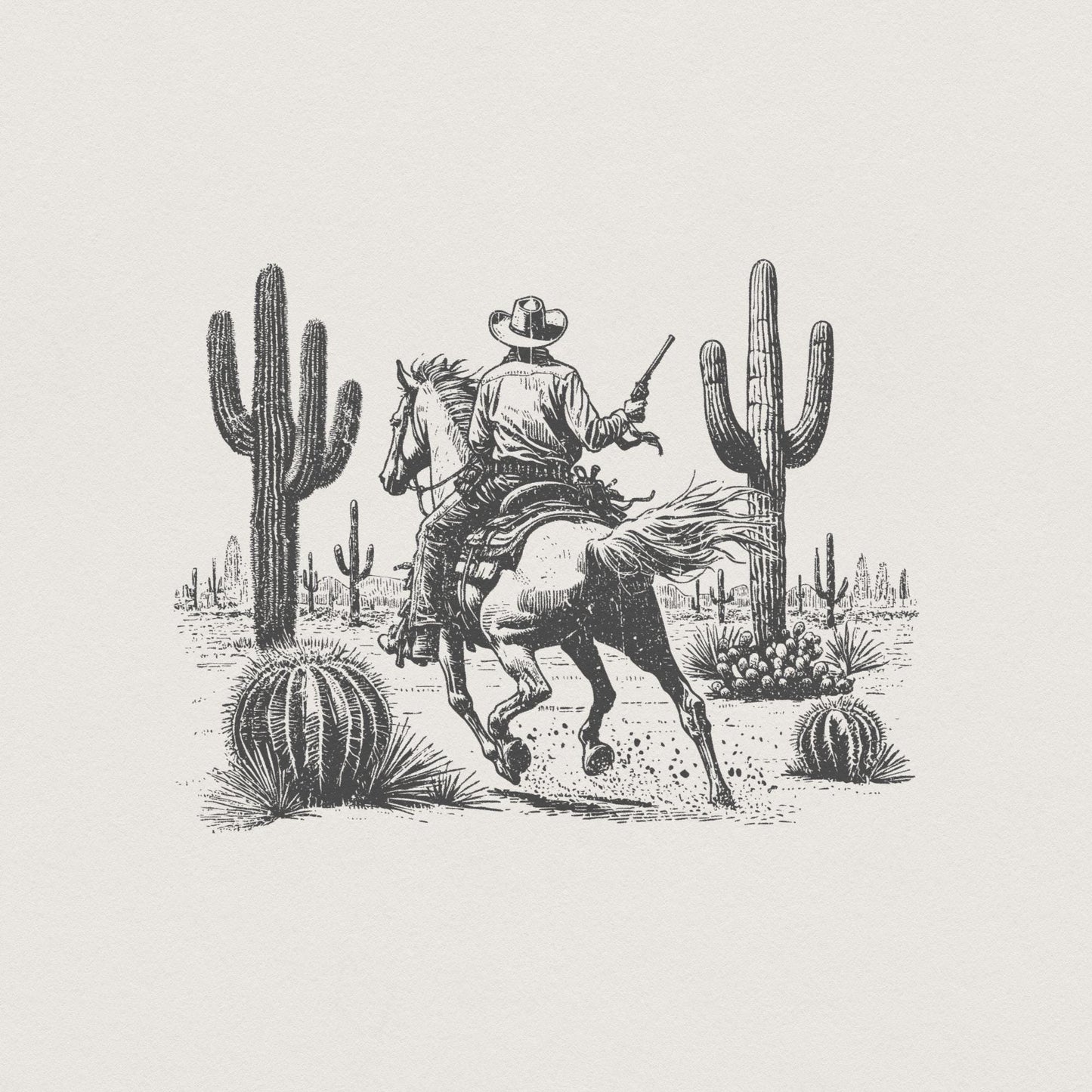 Wild West Cowboy PNG, Retro Desert Horseback Riding - 300 DPI Design for