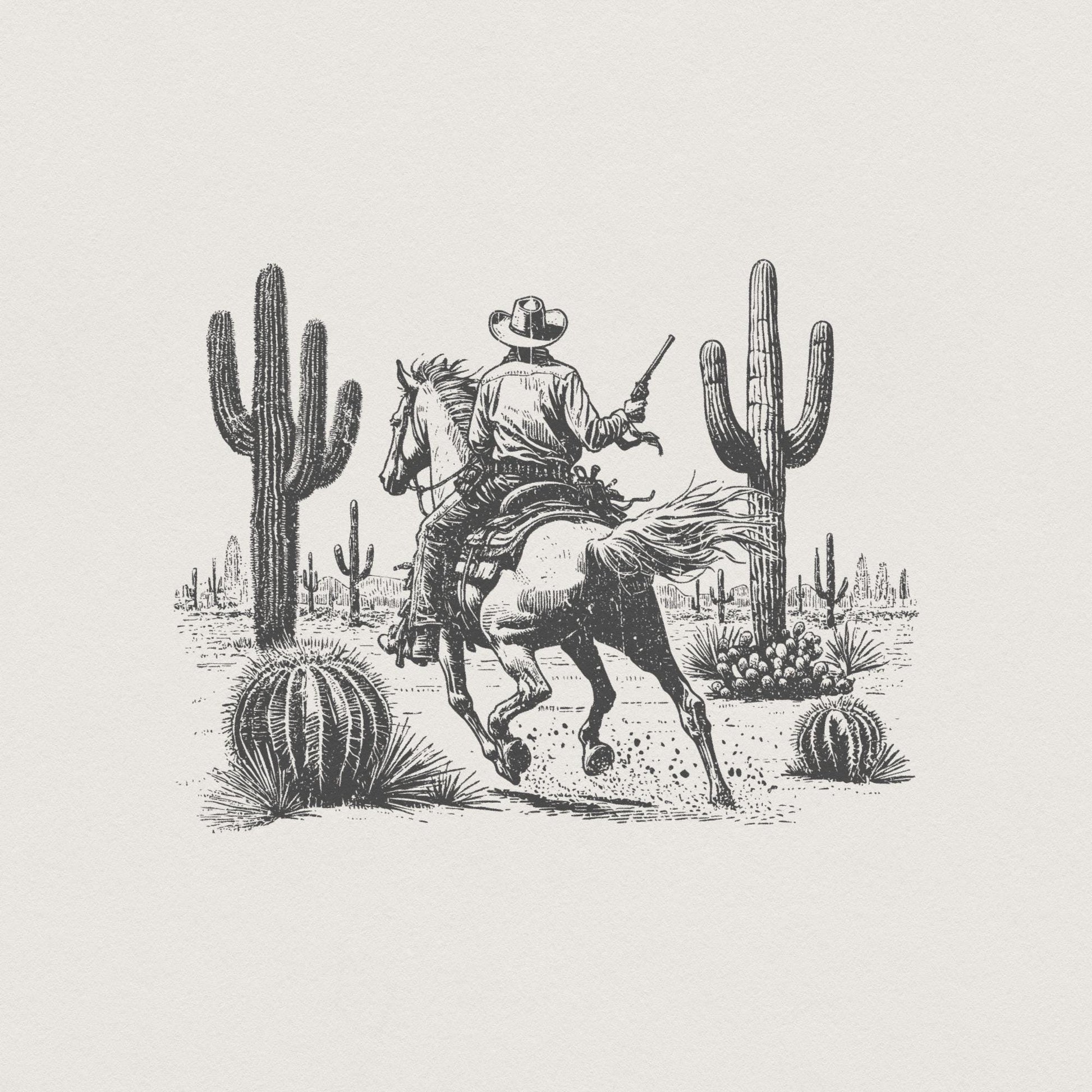 Wild West Cowboy PNG, Retro Desert Horseback Riding - 300 DPI Design for