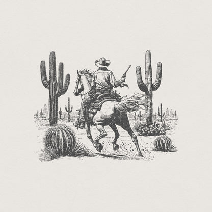 Wild West Cowboy PNG, Retro Desert Horseback Riding - 300 DPI Design for
