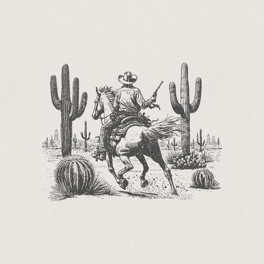 Wild West Cowboy PNG, Retro Desert Horseback Riding - 300 DPI Design for