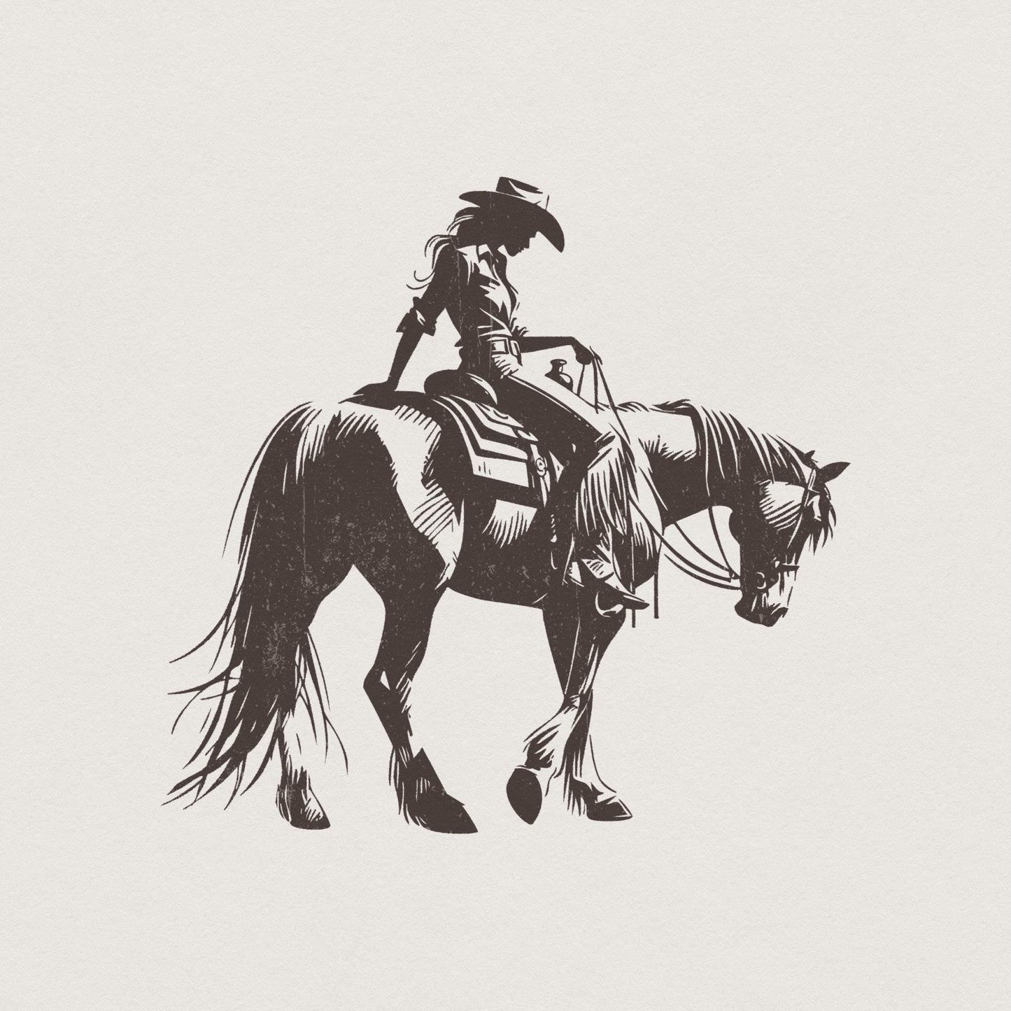 Cowgirl Sketch on Horseback PNG, Abstract Western Illustration - 300 DPI