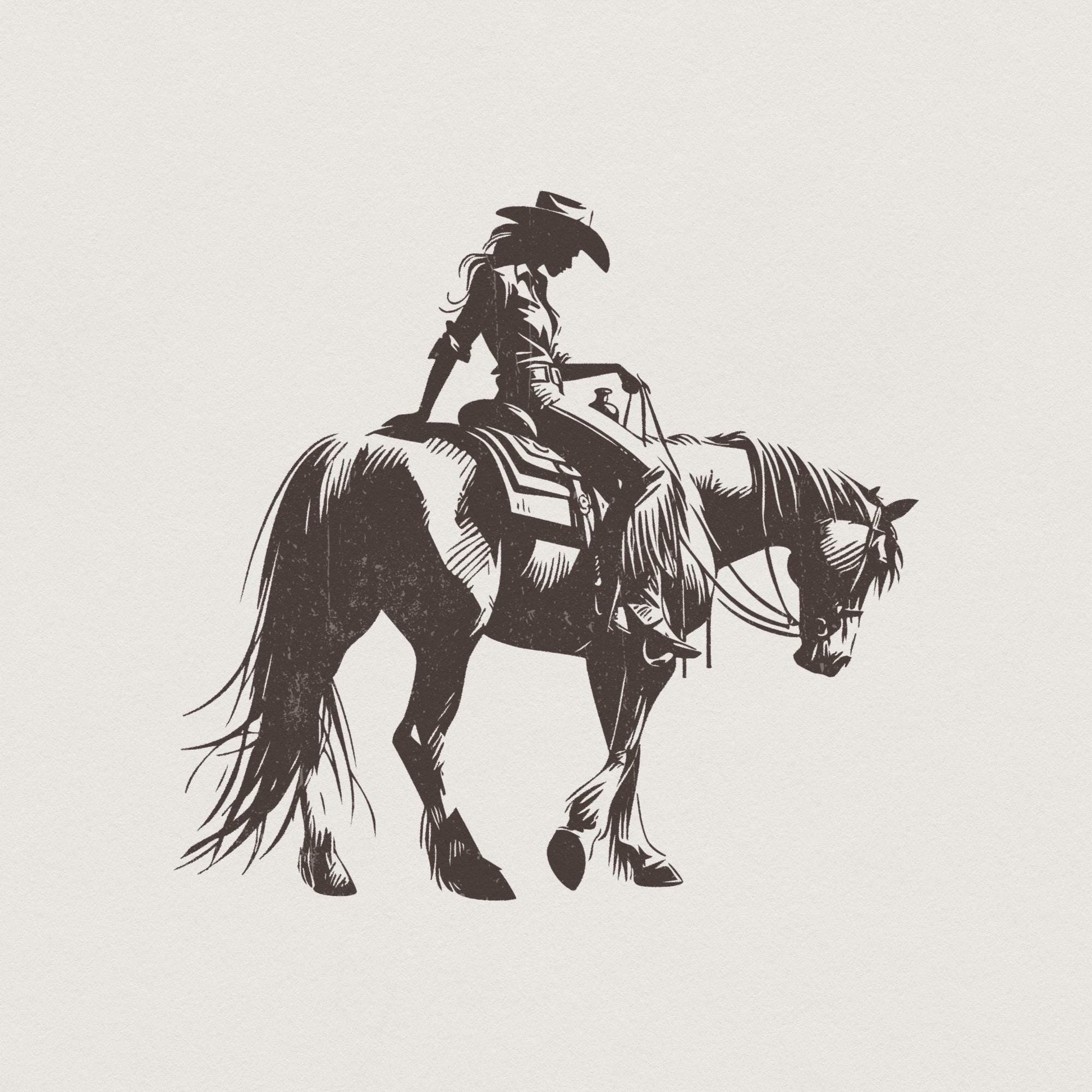 Cowgirl Sketch on Horseback PNG, Abstract Western Illustration - 300 DPI