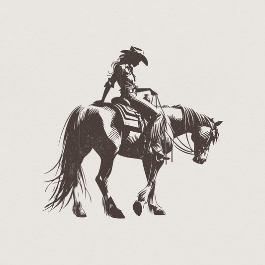 Cowgirl Sketch on Horseback PNG, Abstract Western Illustration - 300 DPI
