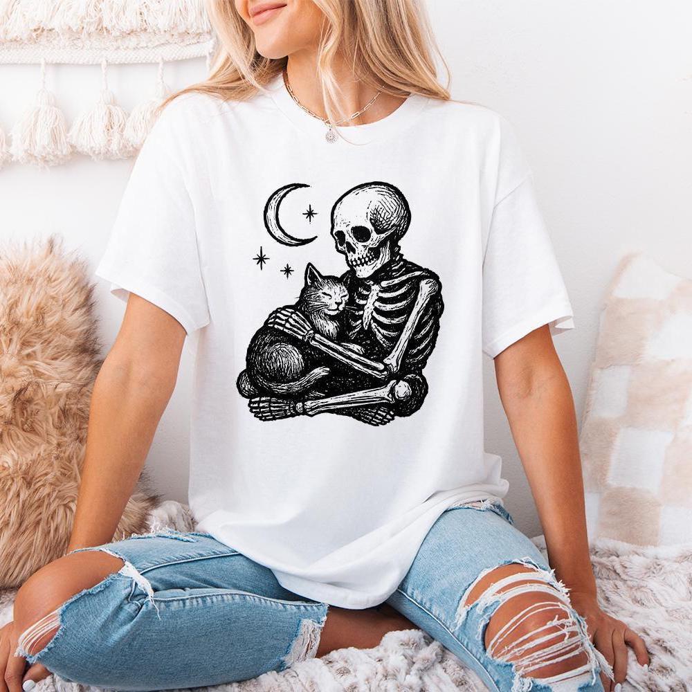Gothic Skeleton Hugging Cat PNG, Celestial Night Pet Art - 300 DPI Design