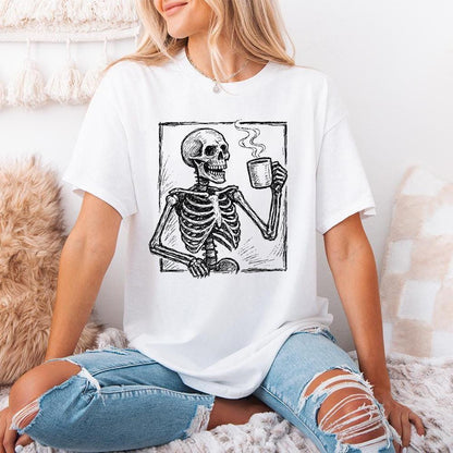 Coffee Skeleton PNG, Skull Drinking Coffee Clipart - 300 DPI Design for