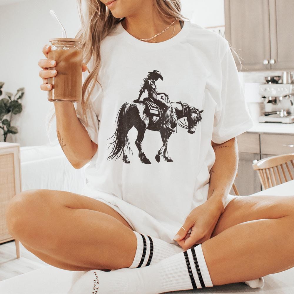 Cowgirl Sketch on Horseback PNG, Abstract Western Illustration - 300 DPI