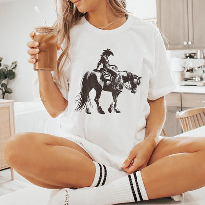 Cowgirl Sketch on Horseback PNG, Abstract Western Illustration - 300 DPI