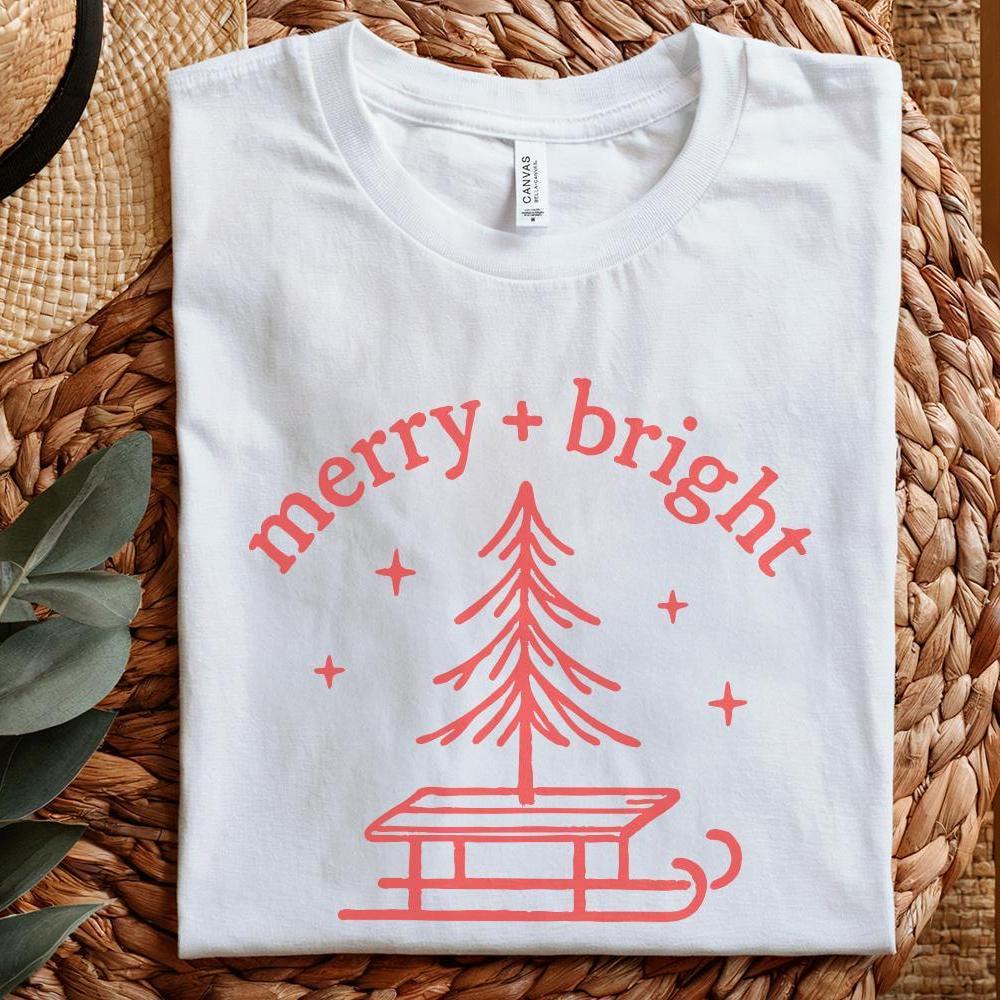 Merry + Bright PNG, Christmas Tree Sled PNG - 300 DPI Design for T-Shirt