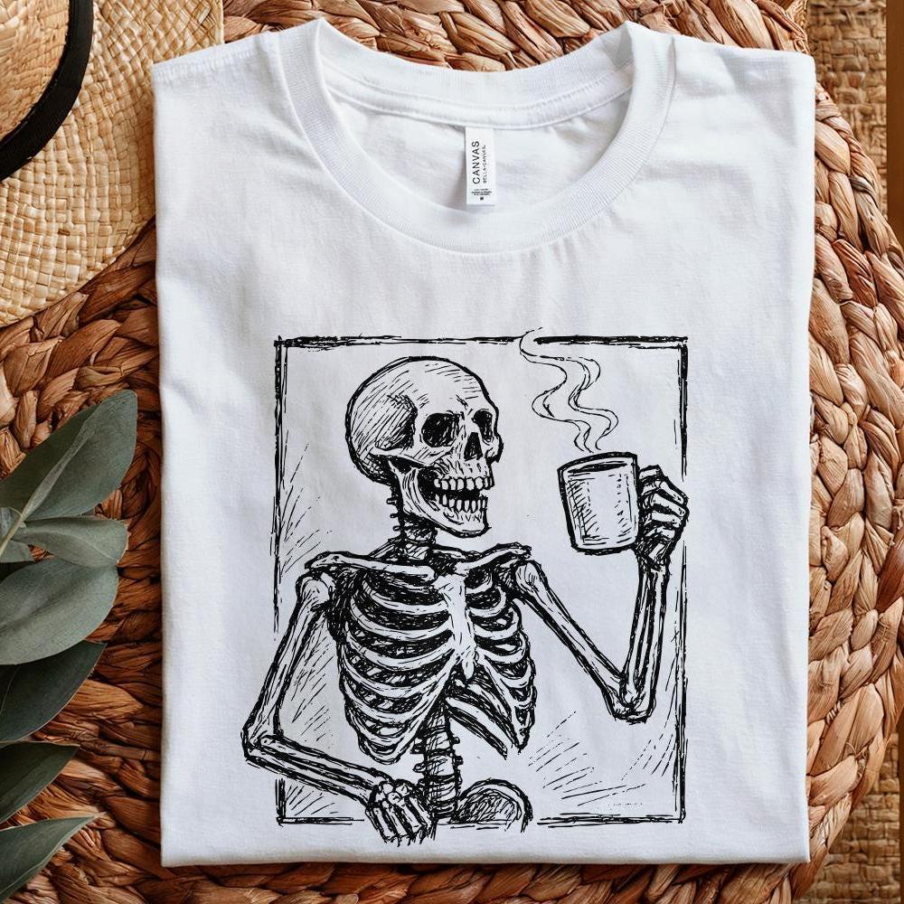 Coffee Skeleton PNG, Skull Drinking Coffee Clipart - 300 DPI Design for
