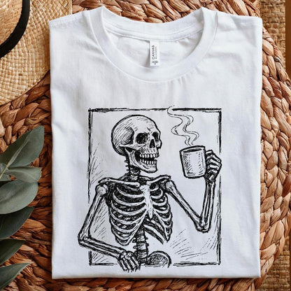 Coffee Skeleton PNG, Skull Drinking Coffee Clipart - 300 DPI Design for