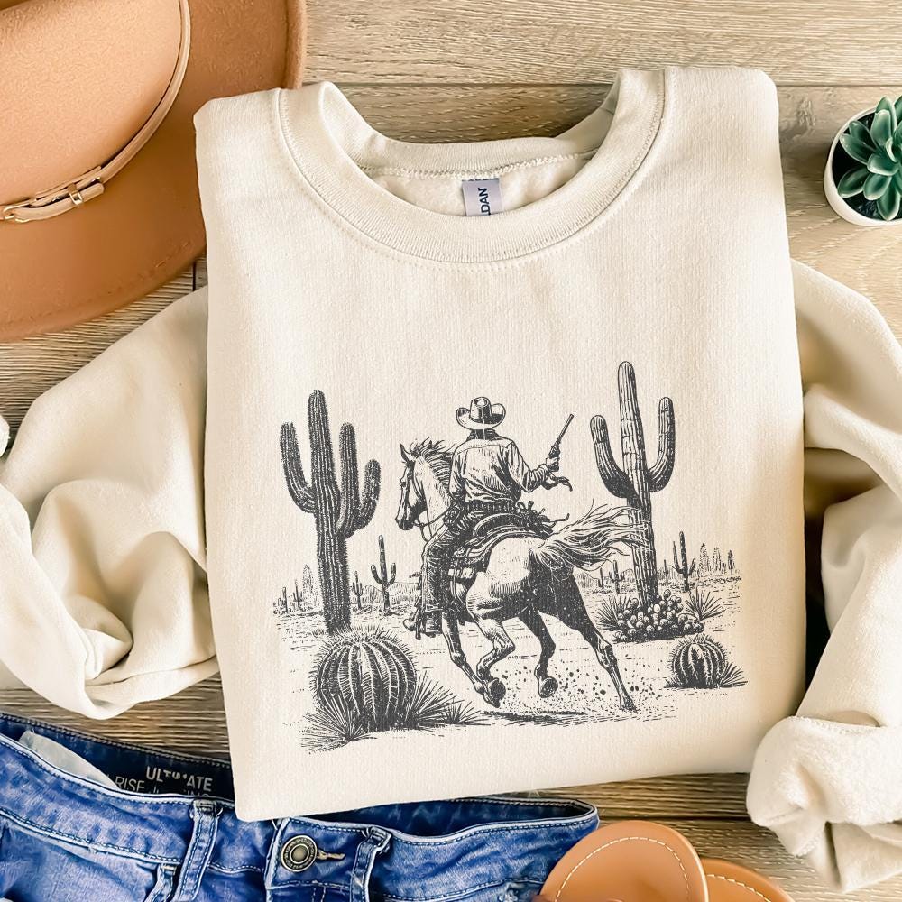 Wild West Cowboy PNG, Retro Desert Horseback Riding - 300 DPI Design for