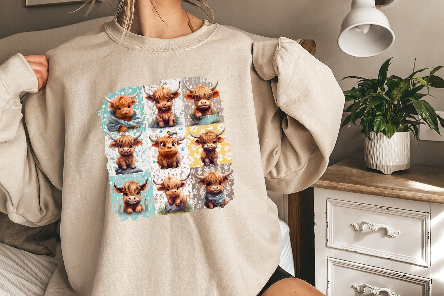 Retro Boho Highland Cow PNG, Floral Sublimation Design - 300 DPI Design