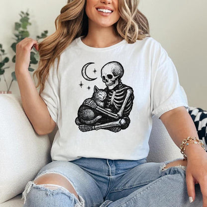 Gothic Skeleton Hugging Cat PNG, Celestial Night Pet Art - 300 DPI Design
