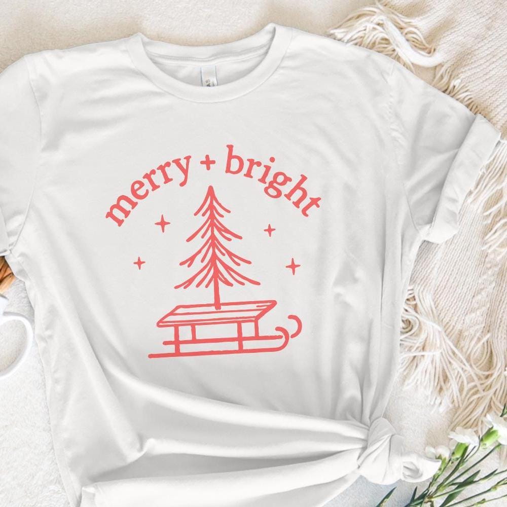Merry + Bright PNG, Christmas Tree Sled PNG - 300 DPI Design for T-Shirt