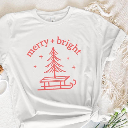 Merry + Bright PNG, Christmas Tree Sled PNG - 300 DPI Design for T-Shirt