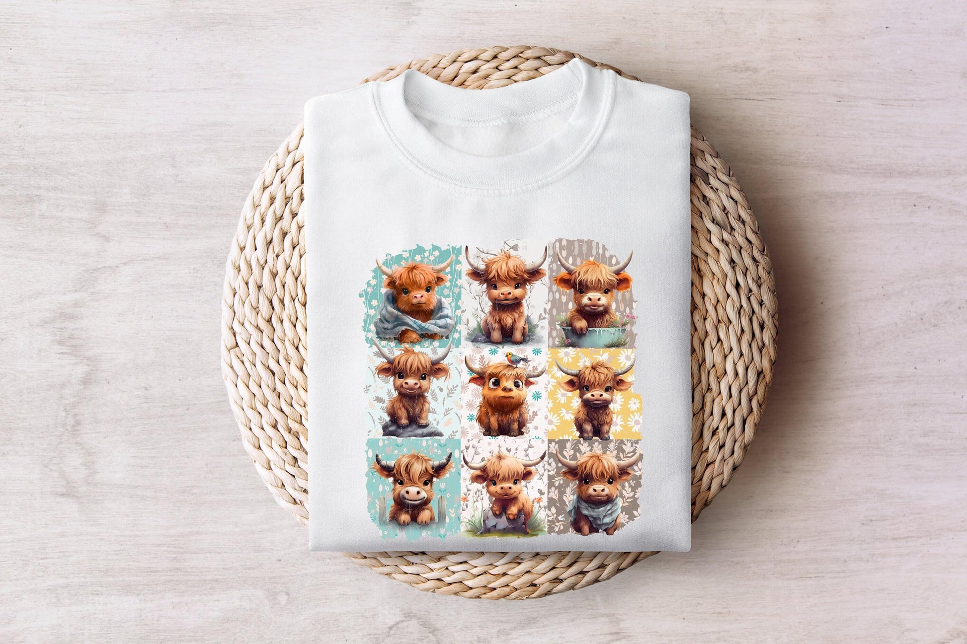 Retro Boho Highland Cow PNG, Floral Sublimation Design - 300 DPI Design