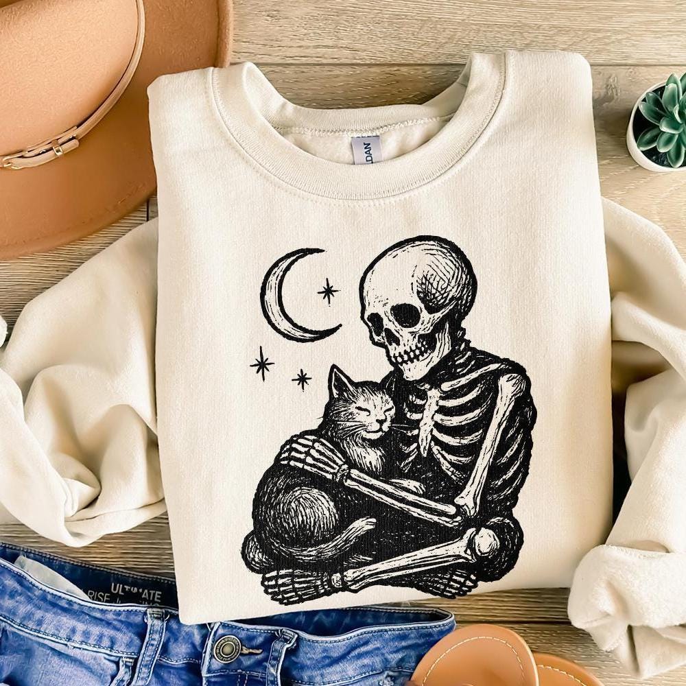 Gothic Skeleton Hugging Cat PNG, Celestial Night Pet Art - 300 DPI Design