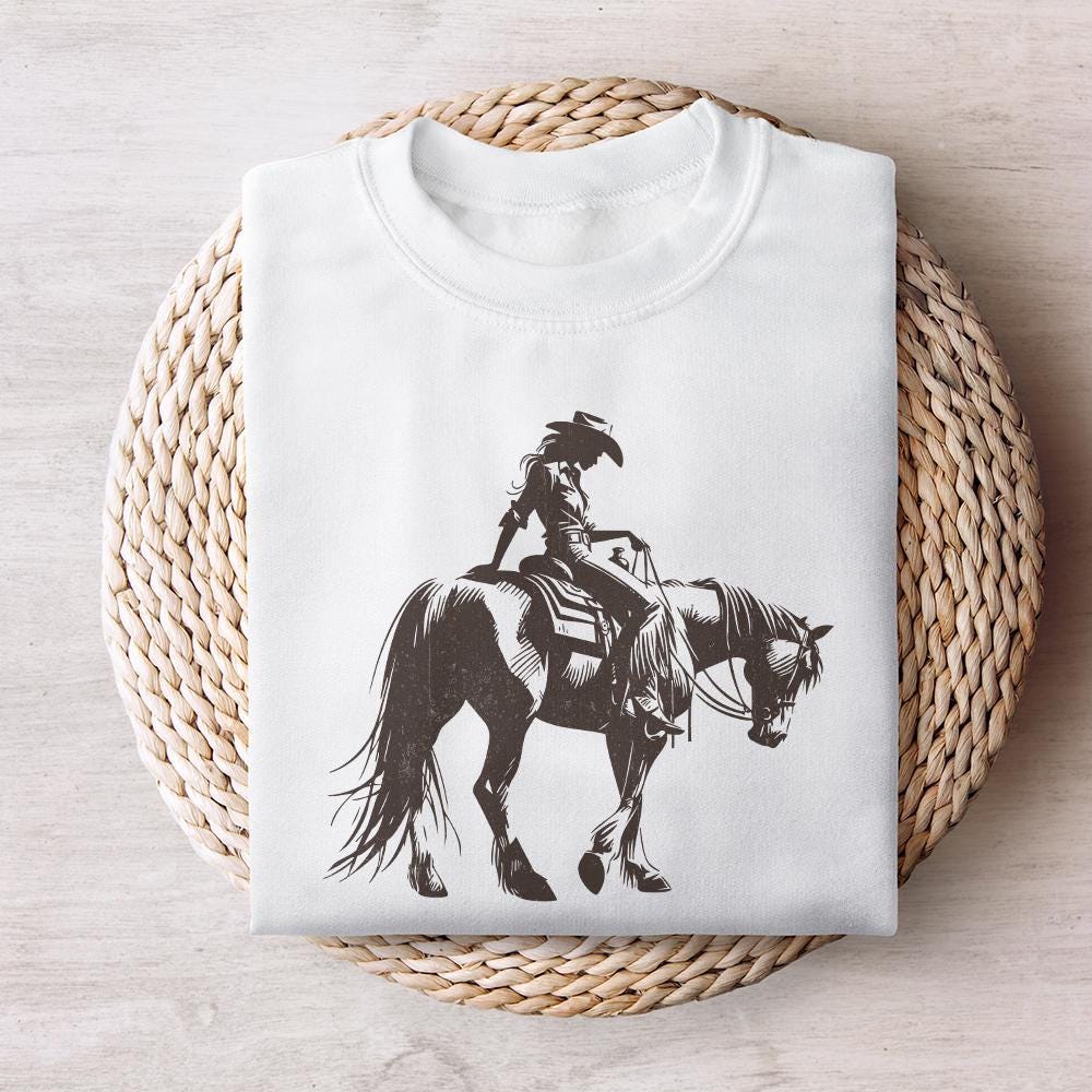 Cowgirl Sketch on Horseback PNG, Abstract Western Illustration - 300 DPI
