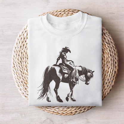Cowgirl Sketch on Horseback PNG, Abstract Western Illustration - 300 DPI