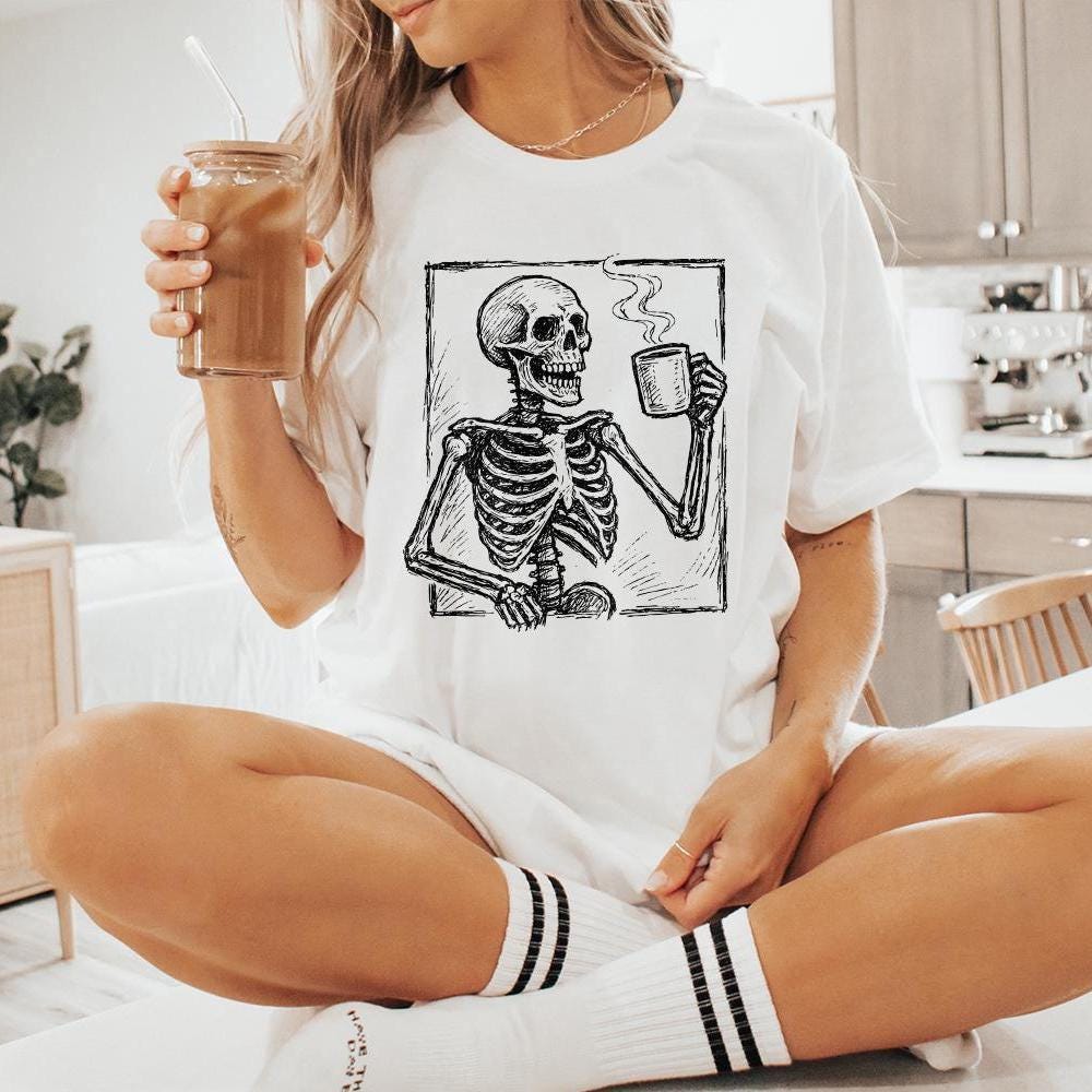 Coffee Skeleton PNG, Skull Drinking Coffee Clipart - 300 DPI Design for