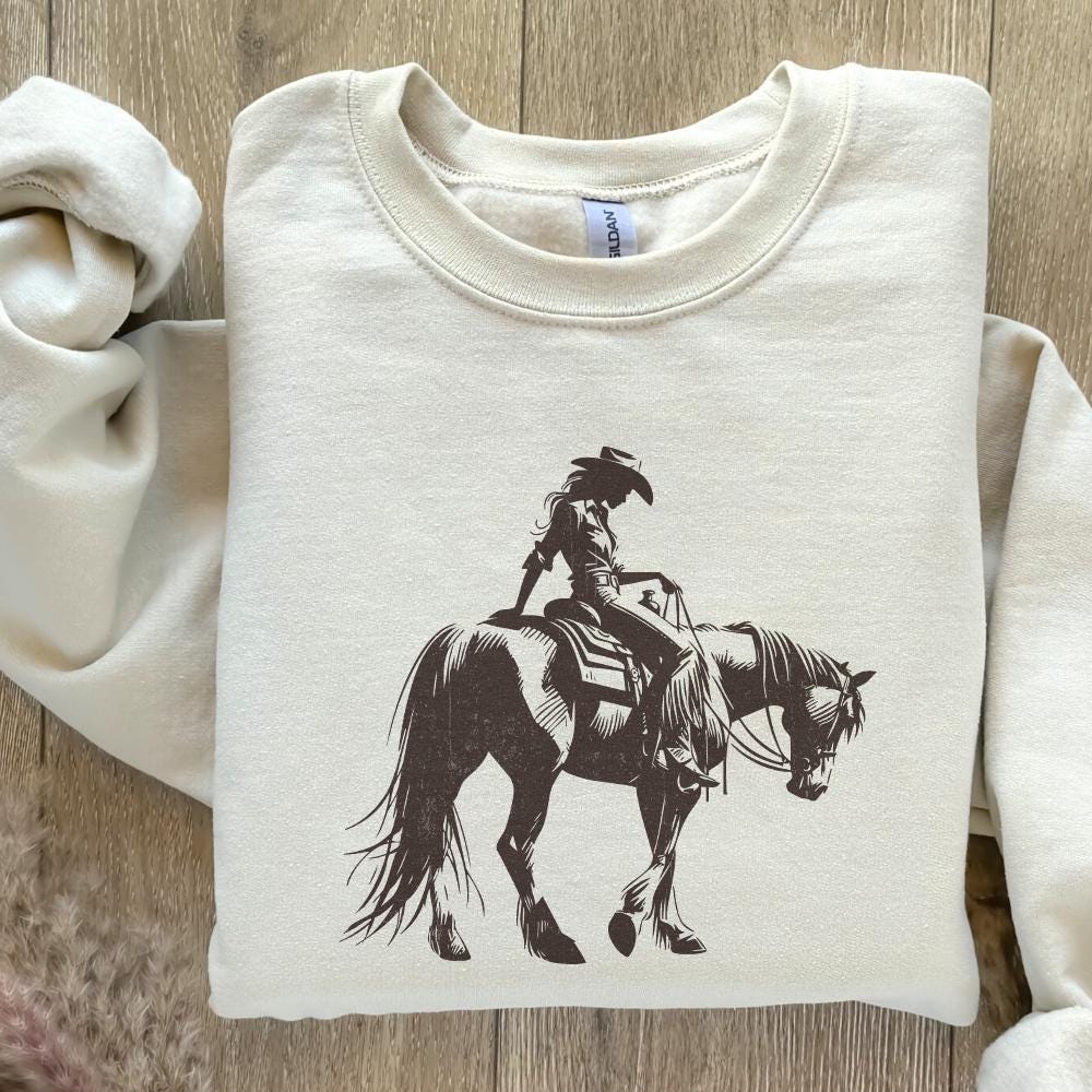 Cowgirl Sketch on Horseback PNG, Abstract Western Illustration - 300 DPI