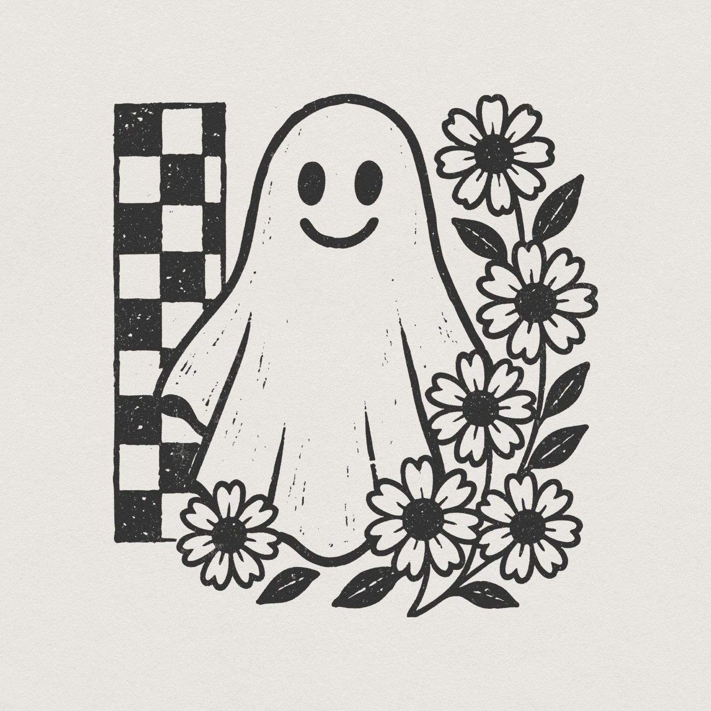 Smiling Ghost PNG, Black And White Floral Ghost Clipart - 300 DPI Design