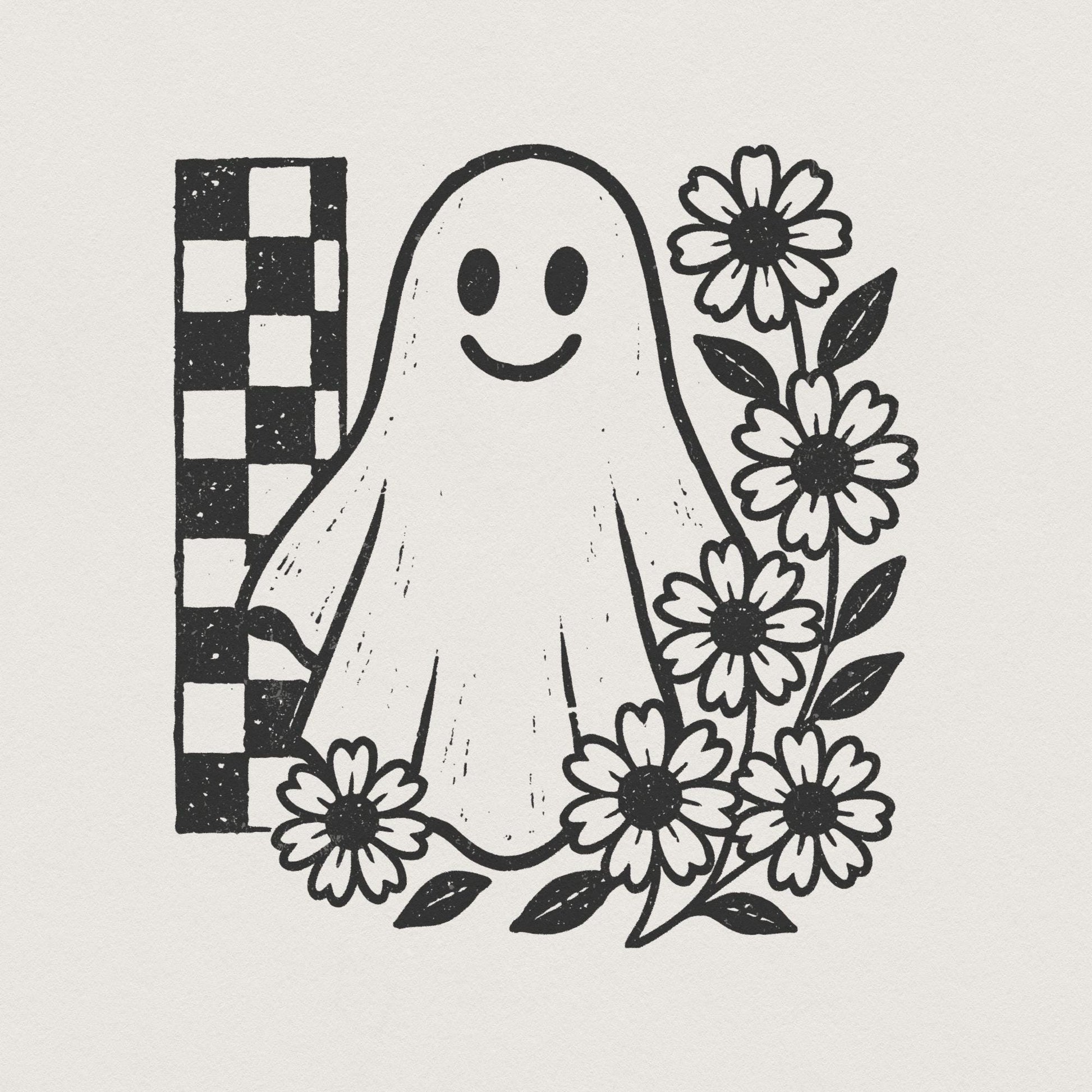 Smiling Ghost PNG, Black And White Floral Ghost Clipart - 300 DPI Design