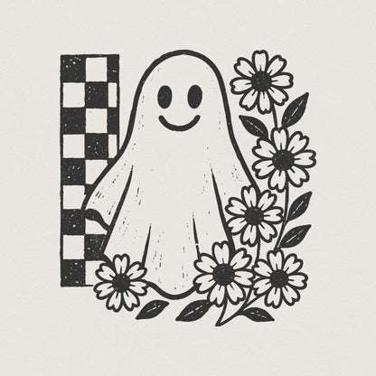 Smiling Ghost PNG, Black And White Floral Ghost Clipart - 300 DPI Design