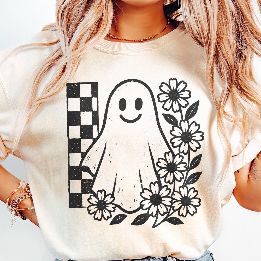 Smiling Ghost PNG, Black And White Floral Ghost Clipart - 300 DPI Design
