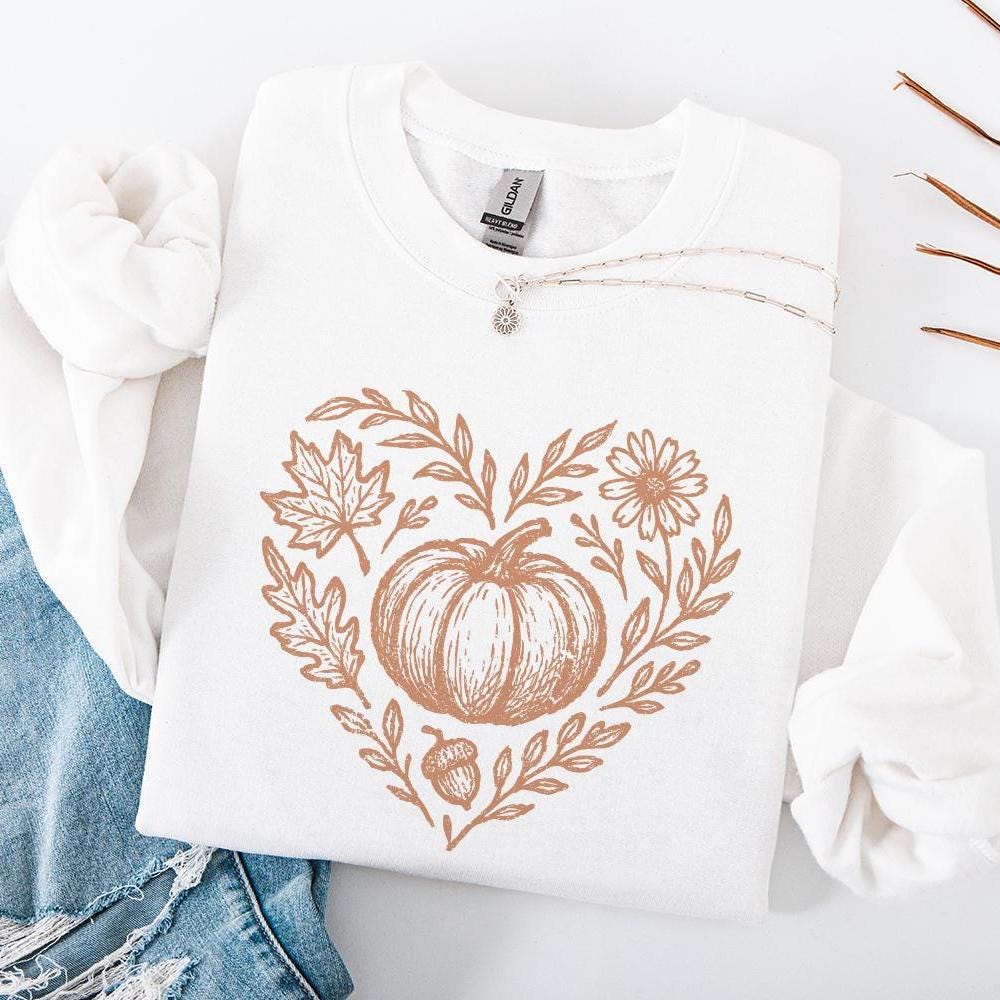 Pumpkin PNG, Fall Floral Heart Digital Download - 300 DPI Design for