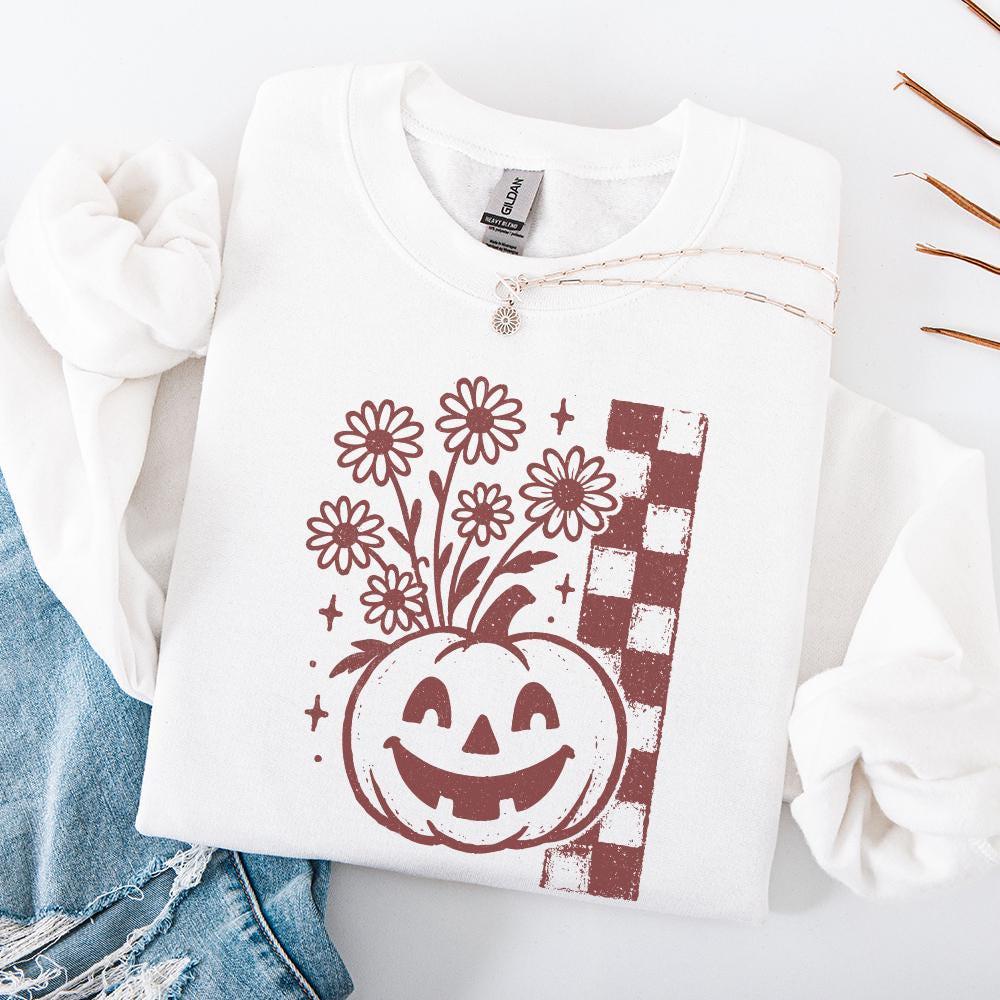 Pumpkin With Flowers PNG, Retro Halloween Digital Download - 300 DPI