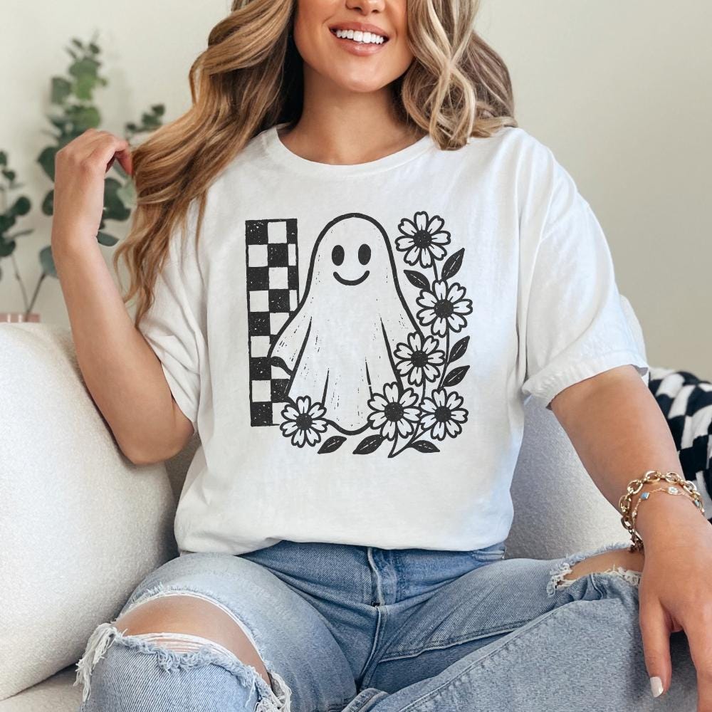 Smiling Ghost PNG, Black And White Floral Ghost Clipart - 300 DPI Design