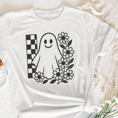 Smiling Ghost PNG, Black And White Floral Ghost Clipart - 300 DPI Design