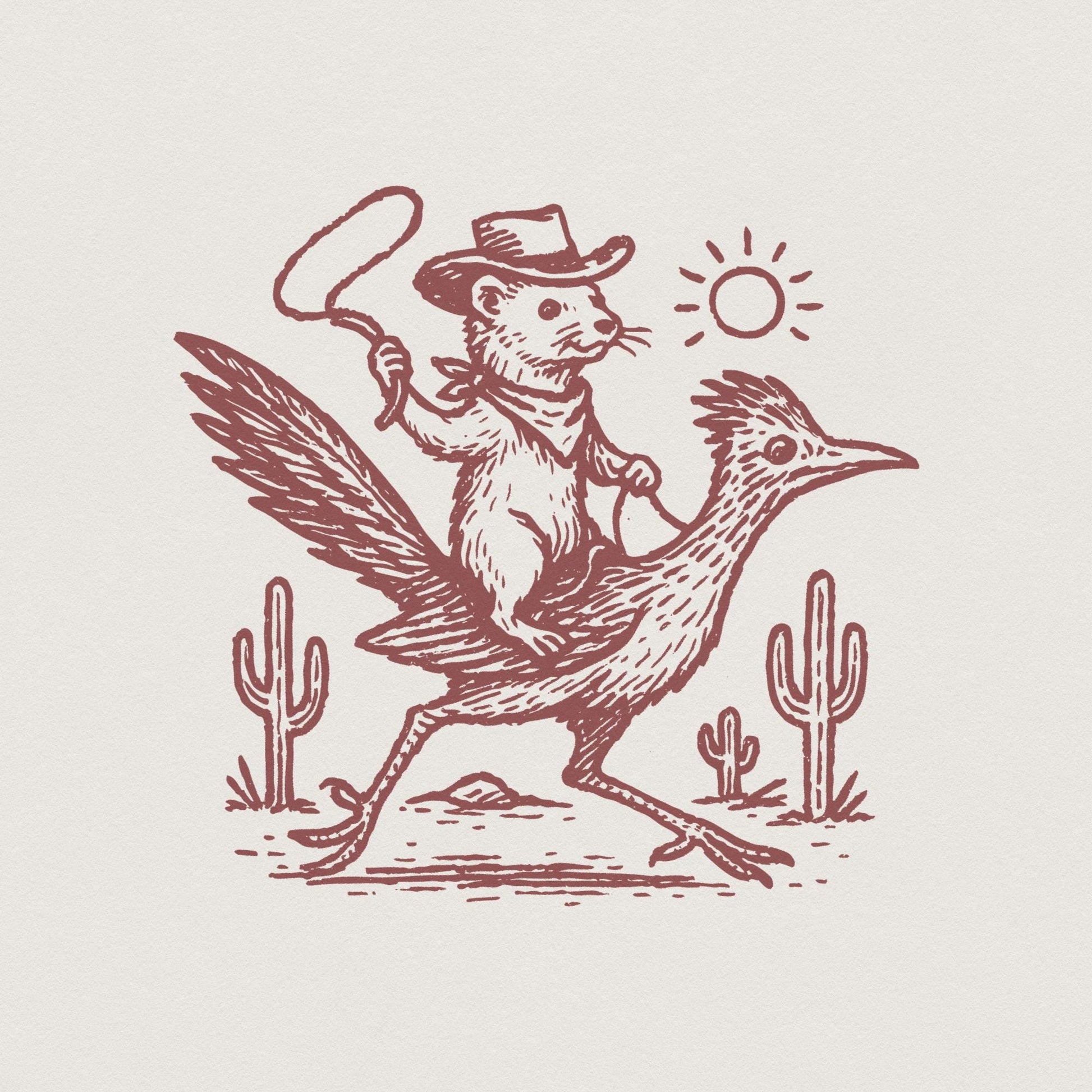 Cowboy Ferret on Roadrunner PNG, Wild West Animal Art Digital Download -