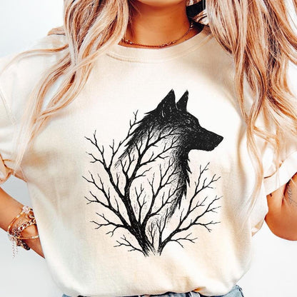 Wolf Silhouette with Tree Branches PNG, Forest Wolf Art PNG - 300 DPI