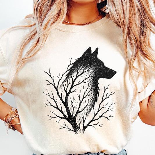 Wolf Silhouette with Tree Branches PNG, Forest Wolf Art PNG - 300 DPI