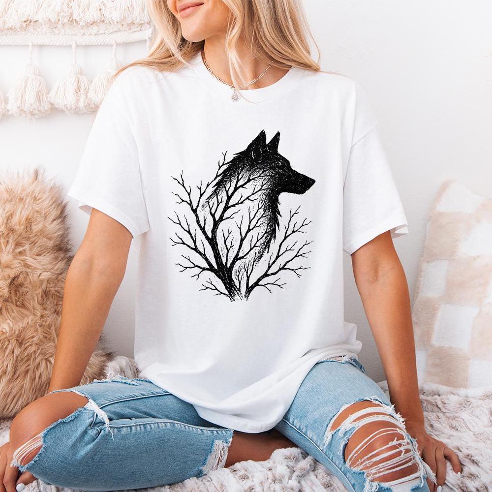 Wolf Silhouette with Tree Branches PNG, Forest Wolf Art PNG - 300 DPI