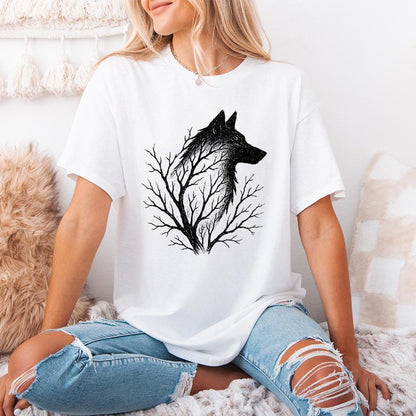 Wolf Silhouette with Tree Branches PNG, Forest Wolf Art PNG - 300 DPI