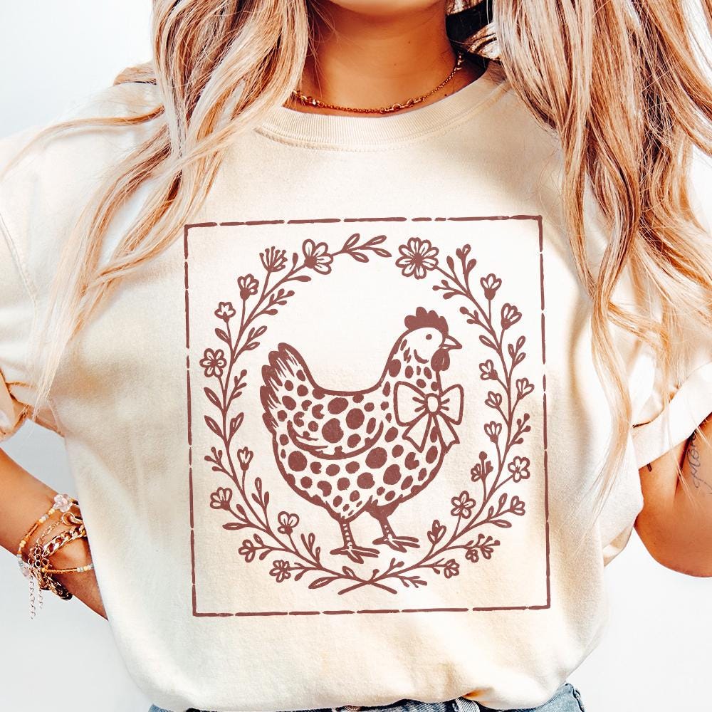 Rustic Chicken PNG, Farmhouse Hen with Bow PNG - 300 DPI Design for T-Shirt
