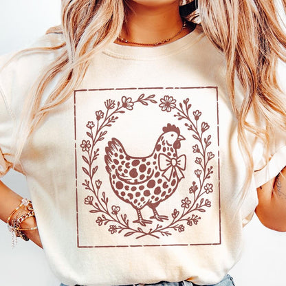 Rustic Chicken PNG, Farmhouse Hen with Bow PNG - 300 DPI Design for T-Shirt
