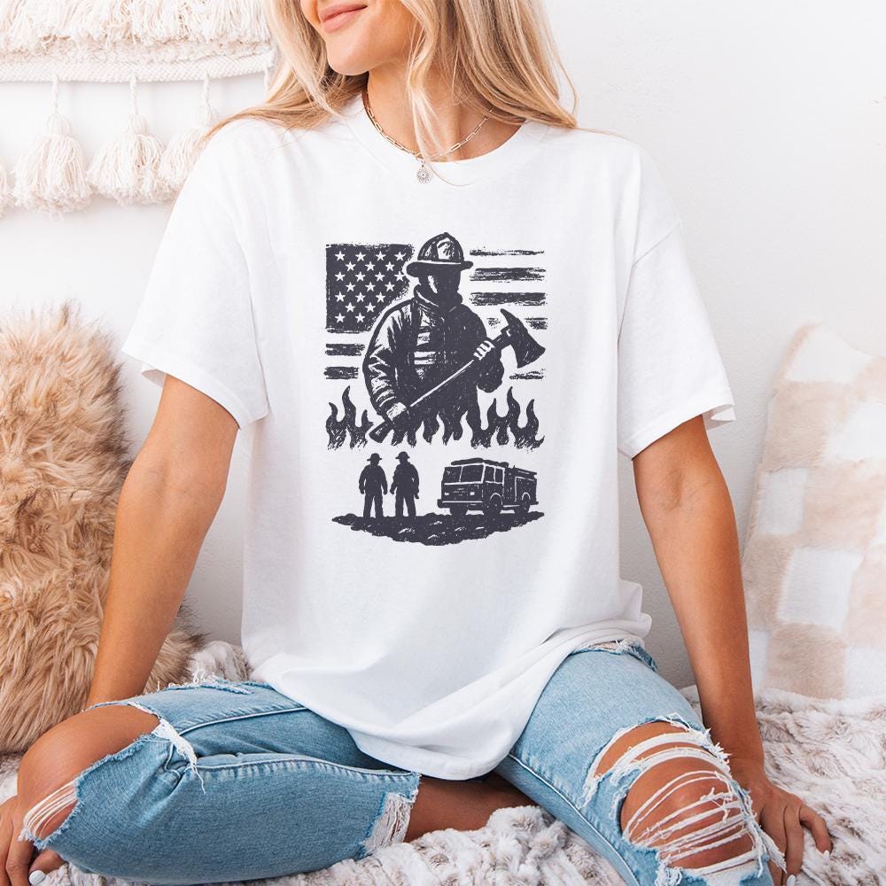 Firefighter PNG, American Flag Fireman - 300 DPI Design for T-Shirt