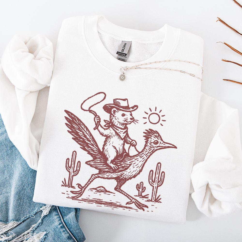 Cowboy Ferret on Roadrunner PNG, Wild West Animal Art Digital Download -