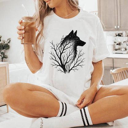 Wolf Silhouette with Tree Branches PNG, Forest Wolf Art PNG - 300 DPI