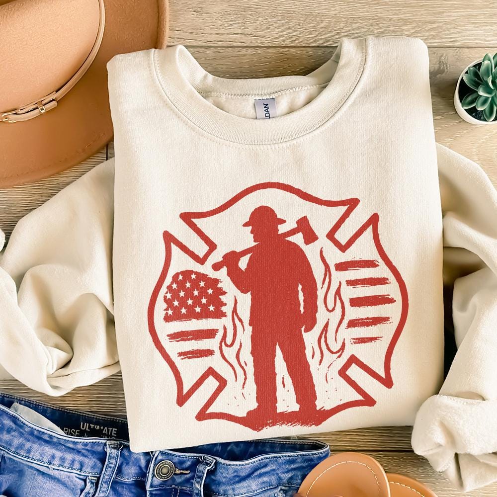 Firefighter Silhouette PNG, American Flag Maltese Cross - 300 DPI Design