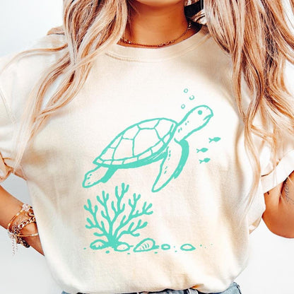 Sea Turtle PNG, Underwater Coral Illustration - 300 DPI Design for T-Shirt